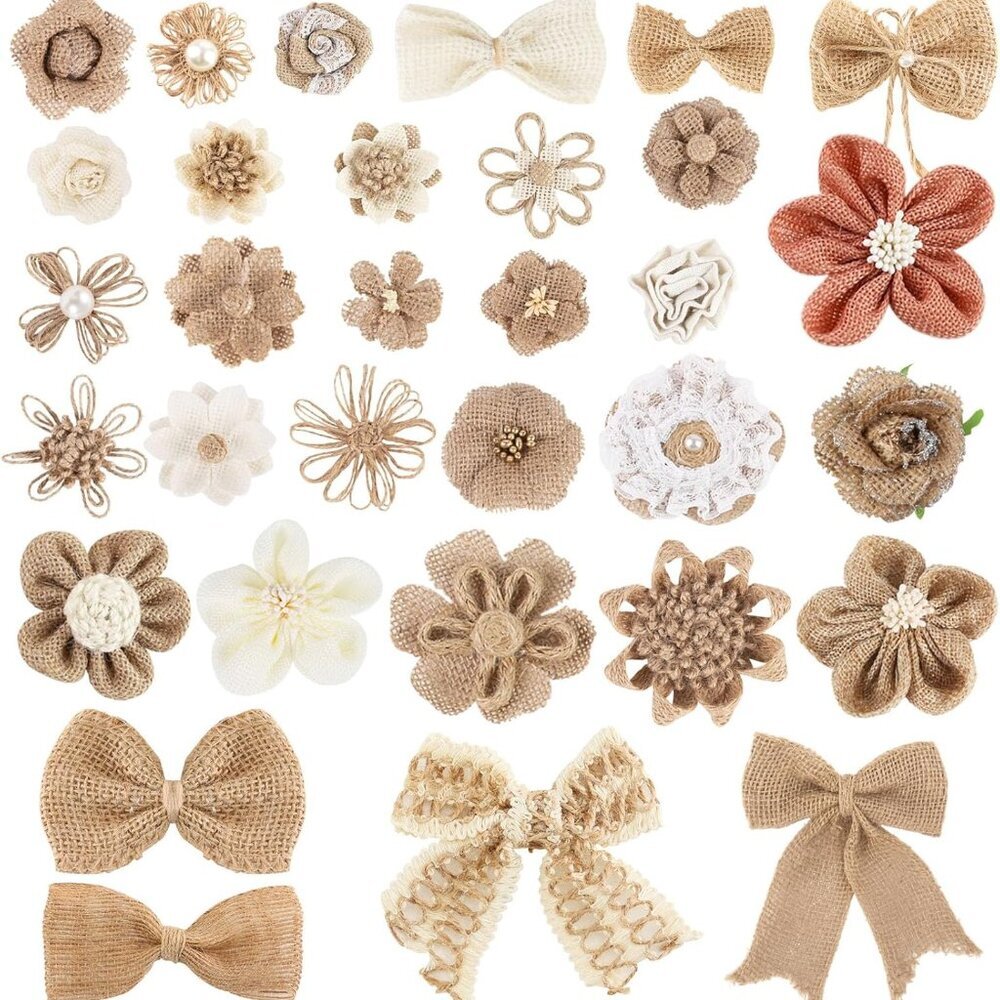 32 PCS Natural Burlap Flowers Set, Burlap Bows and Scrapbook Embellishments for